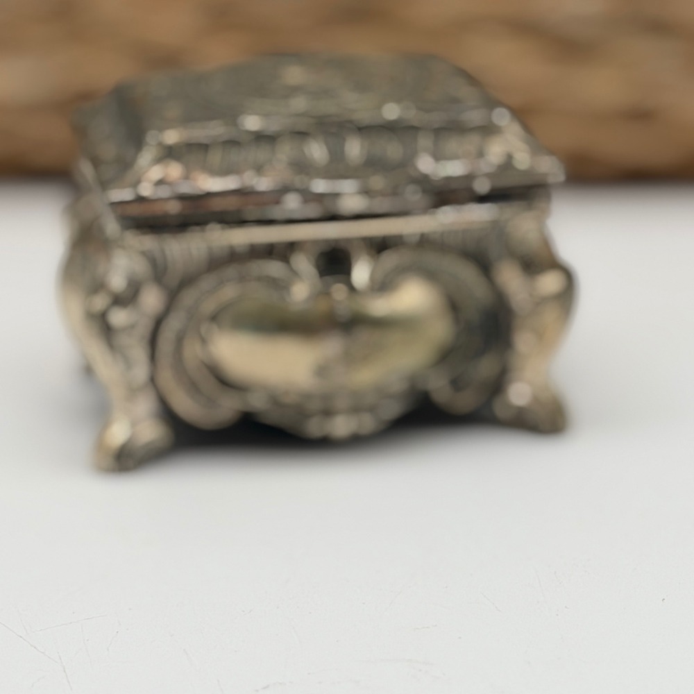 Vintage Ornate Footed Trinket Box Silver Tone Embossed Floral Mirror Hinged Lid